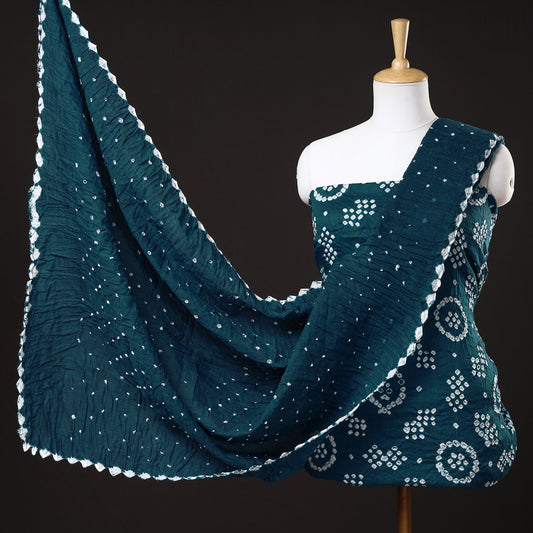 Green - 3pc Kutch Bandhani Tie-Dye Satin Cotton Suit Material Set 97