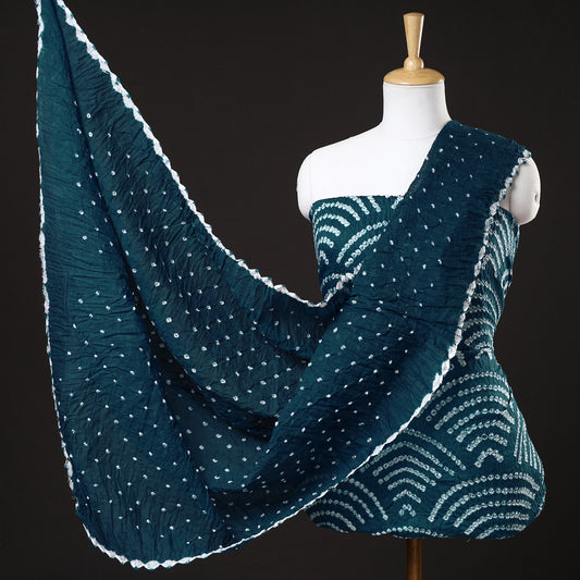 Blue - 3pc Kutch Bandhani Tie-Dye Satin Cotton Suit Material Set 99