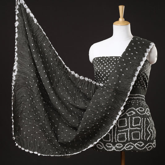 Black - 3pc Kutch Bandhani Tie-Dye Satin Cotton Suit Material Set 100