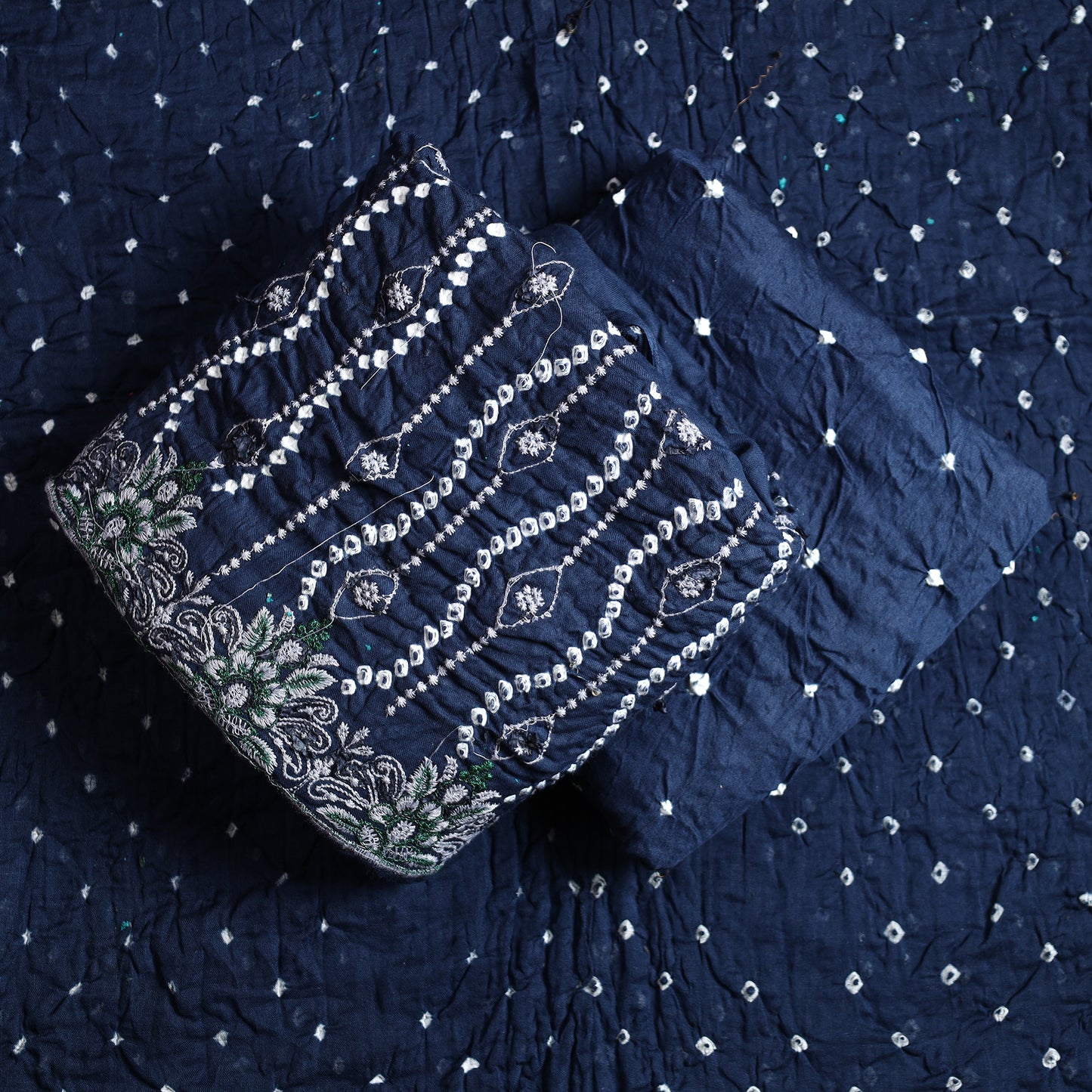 Blue - 3pc Kutch Bandhani Tie-Dye Sequin Work Satin Cotton Suit Material Set 80