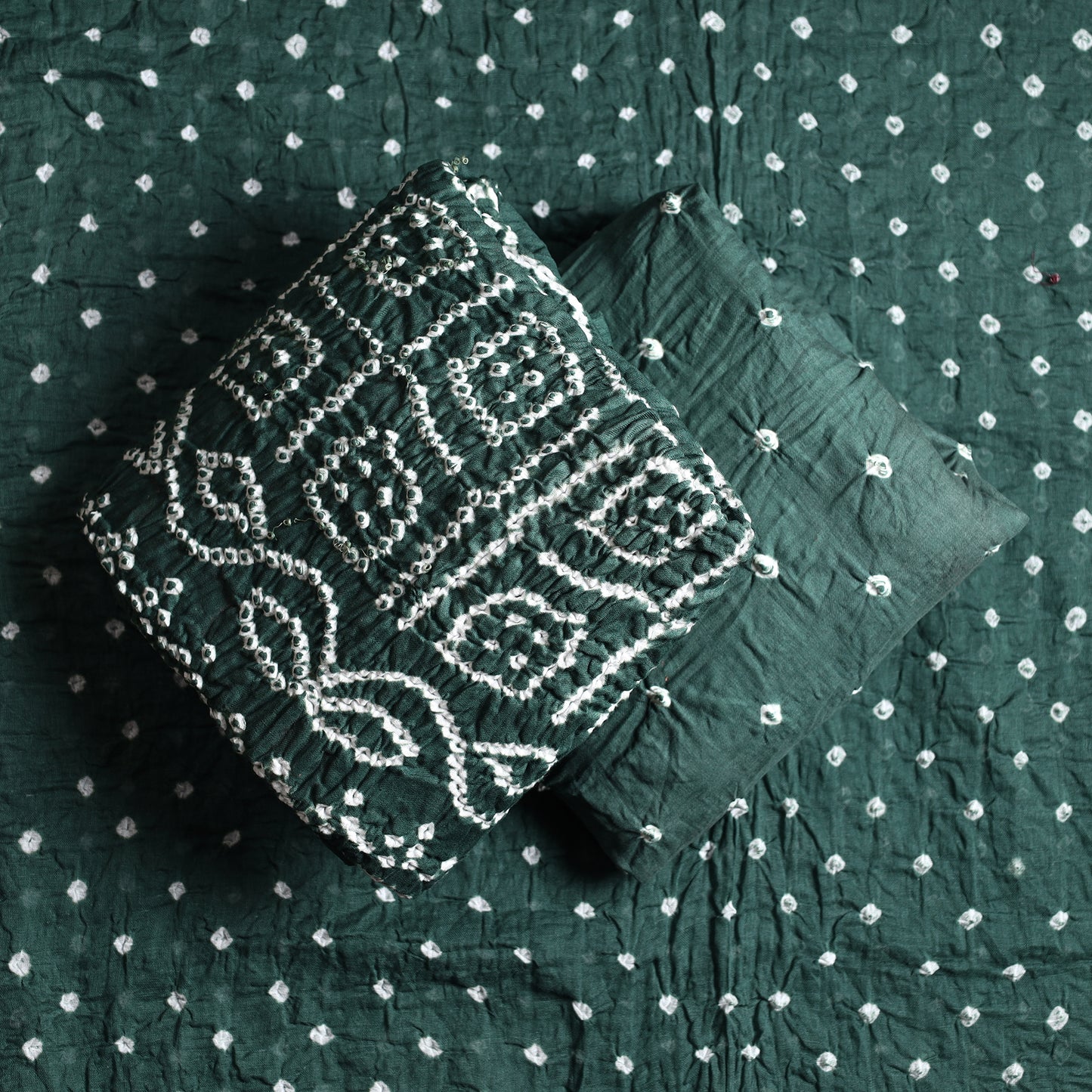 Green - 3pc Kutch Bandhani Tie-Dye Satin Cotton Suit Material Set 88