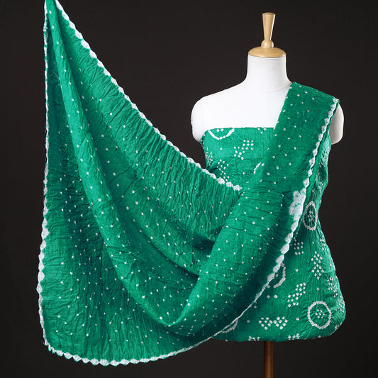 Green - 3pc Kutch Bandhani Tie-Dye Satin Cotton Suit Material Set 104