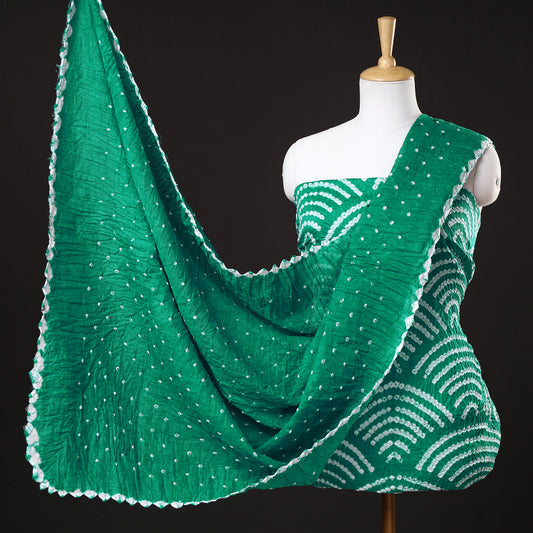 Green - 3pc Kutch Bandhani Tie-Dye Satin Cotton Suit Material Set 105