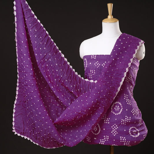Purple - 3pc Kutch Bandhani Tie-Dye Satin Cotton Suit Material Set 109