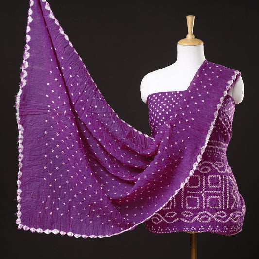 Purple - 3pc Kutch Bandhani Tie-Dye Satin Cotton Suit Material Set 110