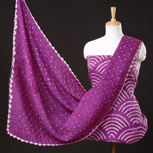 Purple - 3pc Kutch Bandhani Tie-Dye Satin Cotton Suit Material Set 111