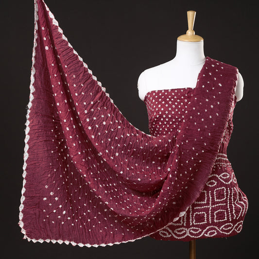 Purple - 3pc Kutch Bandhani Tie-Dye Satin Cotton Suit Material Set 114