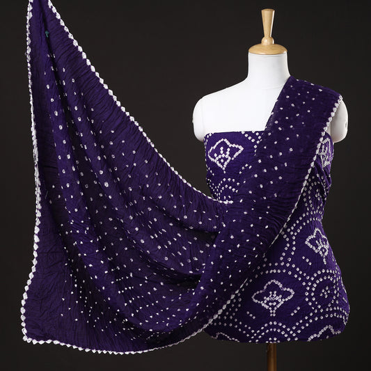 Blue - 3pc Kutch Bandhani Tie-Dye Satin Cotton Suit Material Set 117
