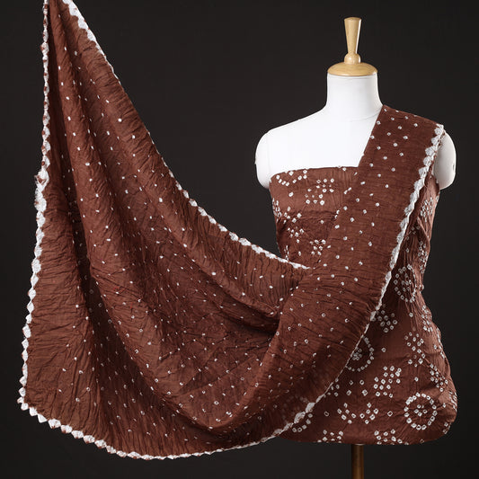 Brown - 3pc Kutch Bandhani Tie-Dye Satin Cotton Suit Material Set 118