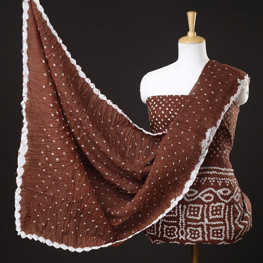 Brown - 3pc Kutch Bandhani Tie-Dye Satin Cotton Suit Material Set 119