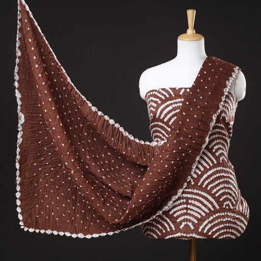 Brown - 3pc Kutch Bandhani Tie-Dye Satin Cotton Suit Material Set 120