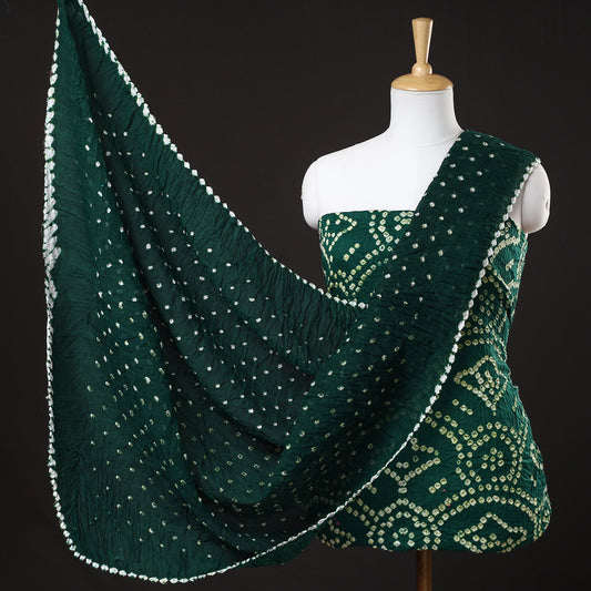 Green - 3pc Kutch Bandhani Tie-Dye Satin Cotton Suit Material Set 125