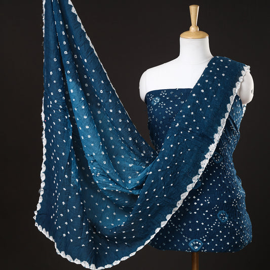 Blue - 3pc Kutch Bandhani Tie-Dye Satin Cotton Suit Material Set 126