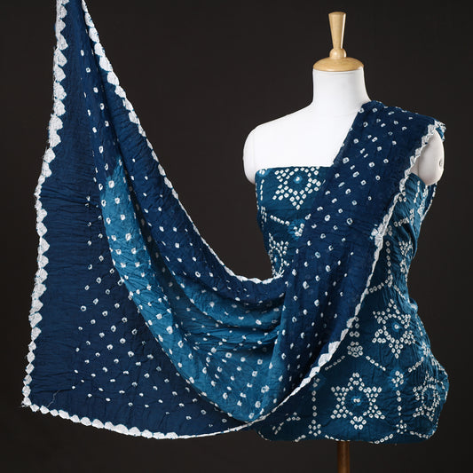 Blue - 3pc Kutch Bandhani Tie-Dye Satin Cotton Suit Material Set 127