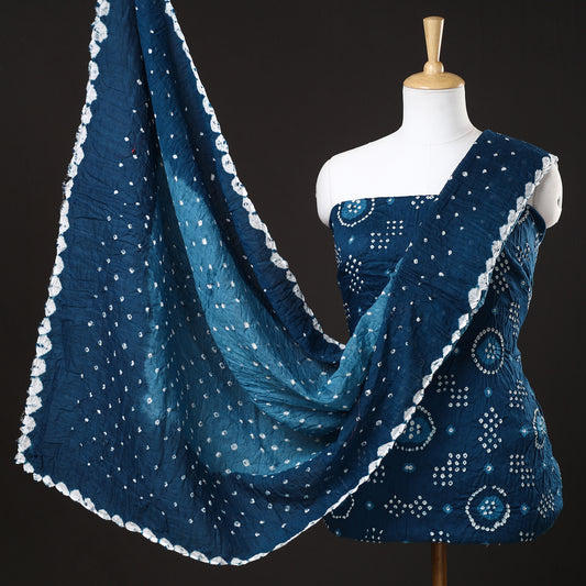 Blue - 3pc Kutch Bandhani Tie-Dye Satin Cotton Suit Material Set 129