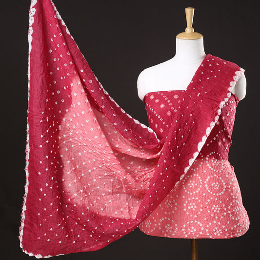 Red - 3pc Kutch Bandhani Tie-Dye Satin Cotton Suit Material Set 130