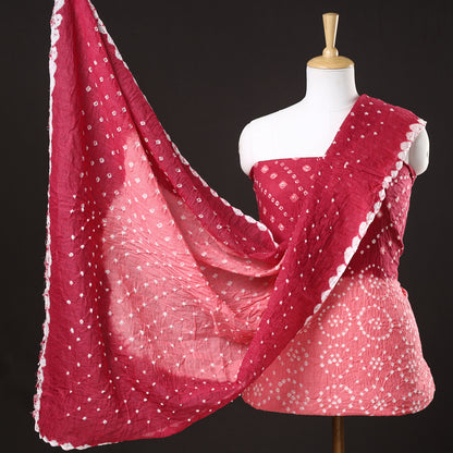 Pink - 3pc Kutch Bandhani Tie-Dye Satin Cotton Suit Material Set 130