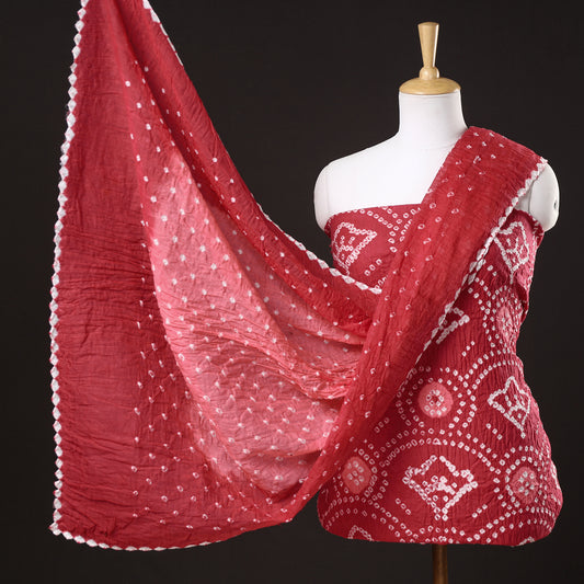 Red - 3pc Kutch Bandhani Tie-Dye Satin Cotton Suit Material Set 131