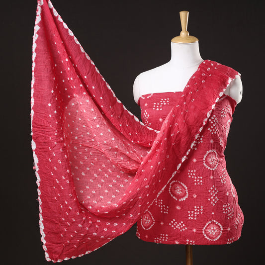 Red - 3pc Kutch Bandhani Tie-Dye Satin Cotton Suit Material Set 132
