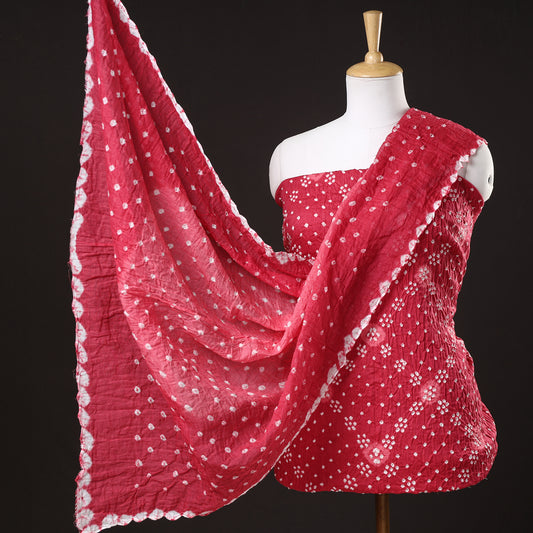 Red - 3pc Kutch Bandhani Tie-Dye Satin Cotton Suit Material Set 133