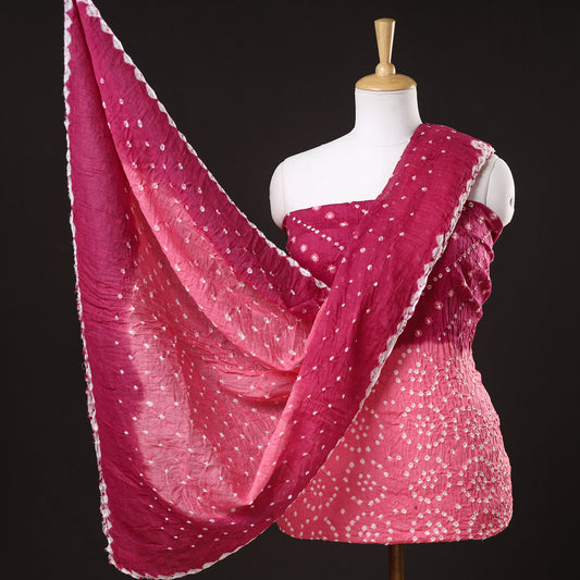 Pink - 3pc Kutch Bandhani Tie-Dye Satin Cotton Suit Material Set 134