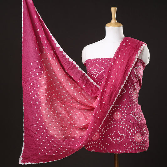 Pink - 3pc Kutch Bandhani Tie-Dye Satin Cotton Suit Material Set 135