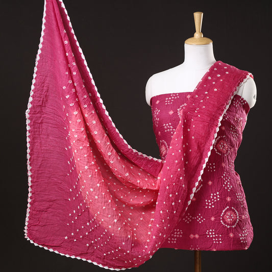 Pink - 3pc Kutch Bandhani Tie-Dye Satin Cotton Suit Material Set 136