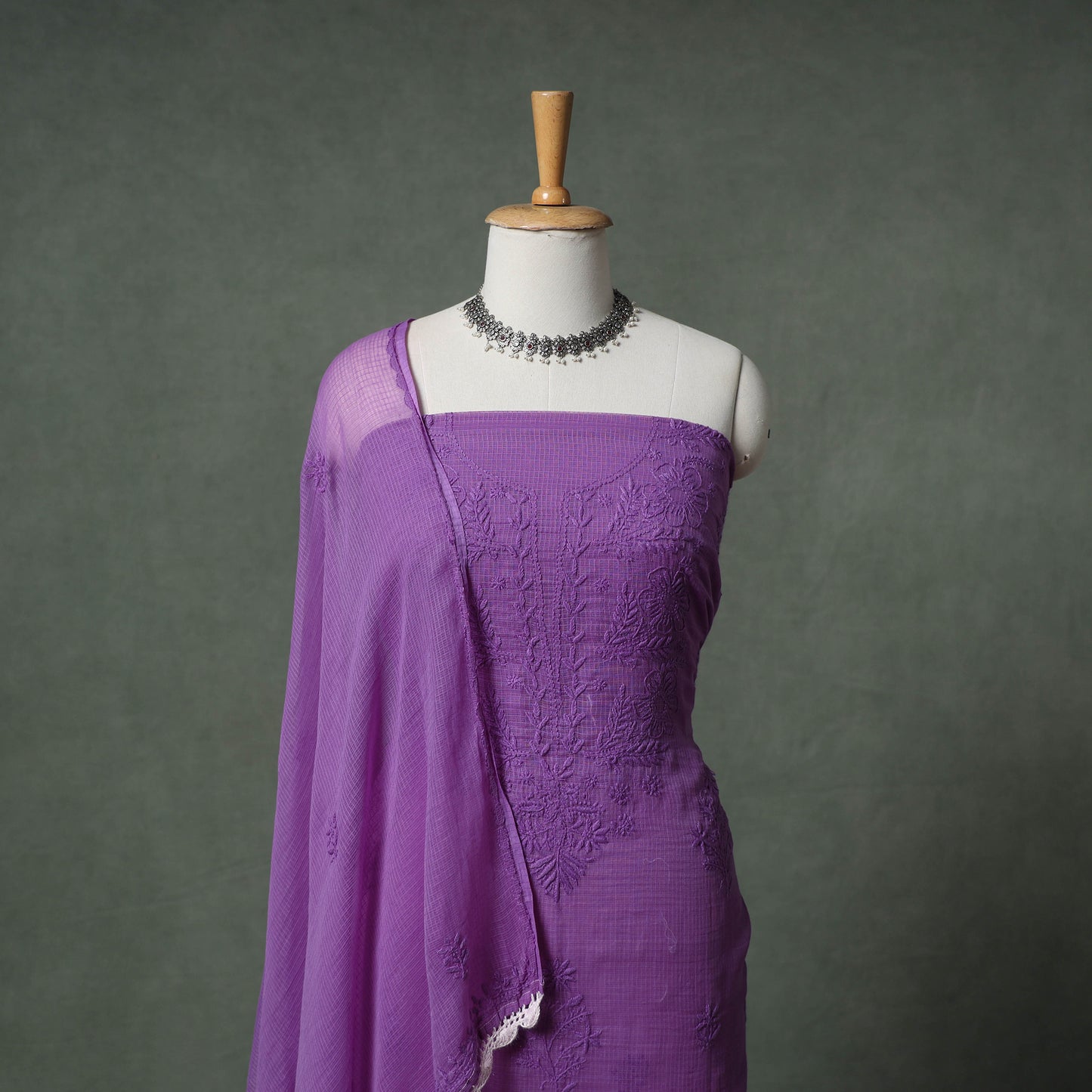 Lucknowi Chikankari Kota Doria Cotton Unstitched Dress Material: Kurta with Dupatta 27