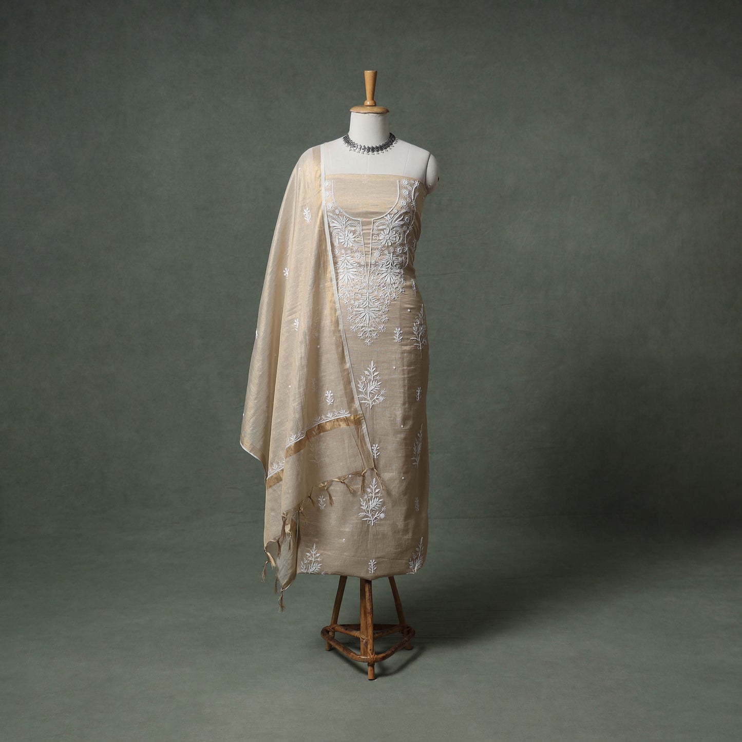 Lucknowi Chikankari Beadwork Tissue Zari Silk Unstitched Dress Material: Kurta with Dupatta 01