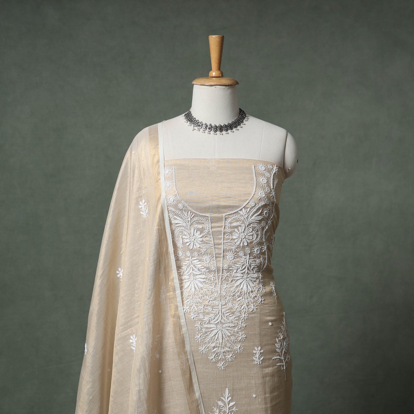 Lucknowi Chikankari Beadwork Tissue Zari Silk Unstitched Dress Material: Kurta with Dupatta 01