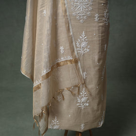 Lucknowi Chikankari Beadwork Tissue Zari Silk Unstitched Dress Material: Kurta with Dupatta 01