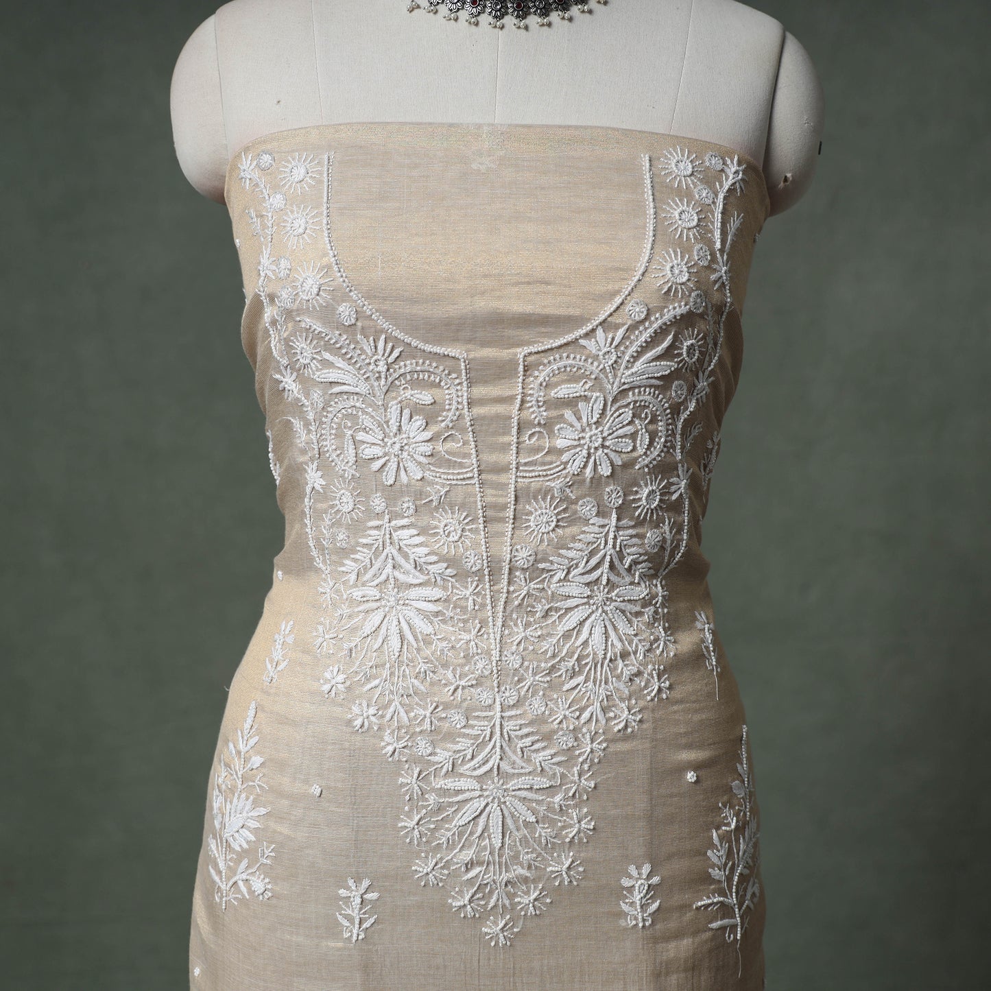 Lucknowi Chikankari Beadwork Tissue Zari Silk Unstitched Dress Material: Kurta with Dupatta 01