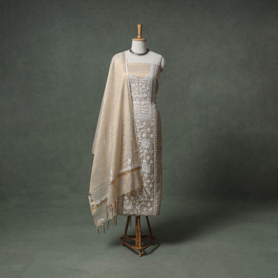 Lucknowi Chikankari Beadwork Tissue Zari Silk Unstitched Dress Material: Kurta with Dupatta 02