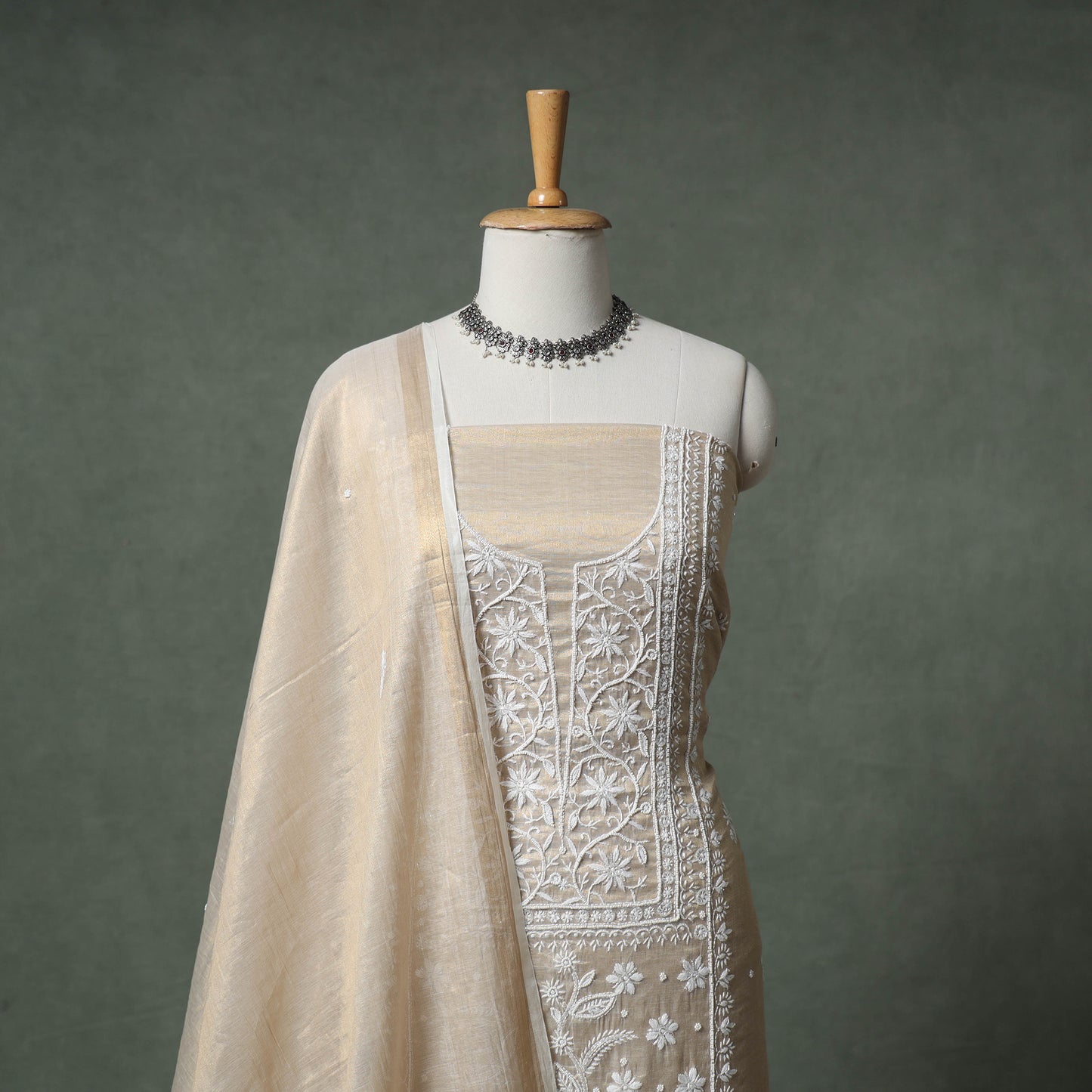 Lucknowi Chikankari Beadwork Tissue Zari Silk Unstitched Dress Material: Kurta with Dupatta 02