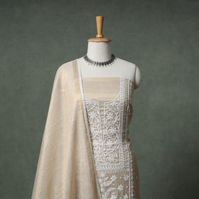 Lucknowi Chikankari Beadwork Tissue Zari Silk Unstitched Dress Material: Kurta with Dupatta 02