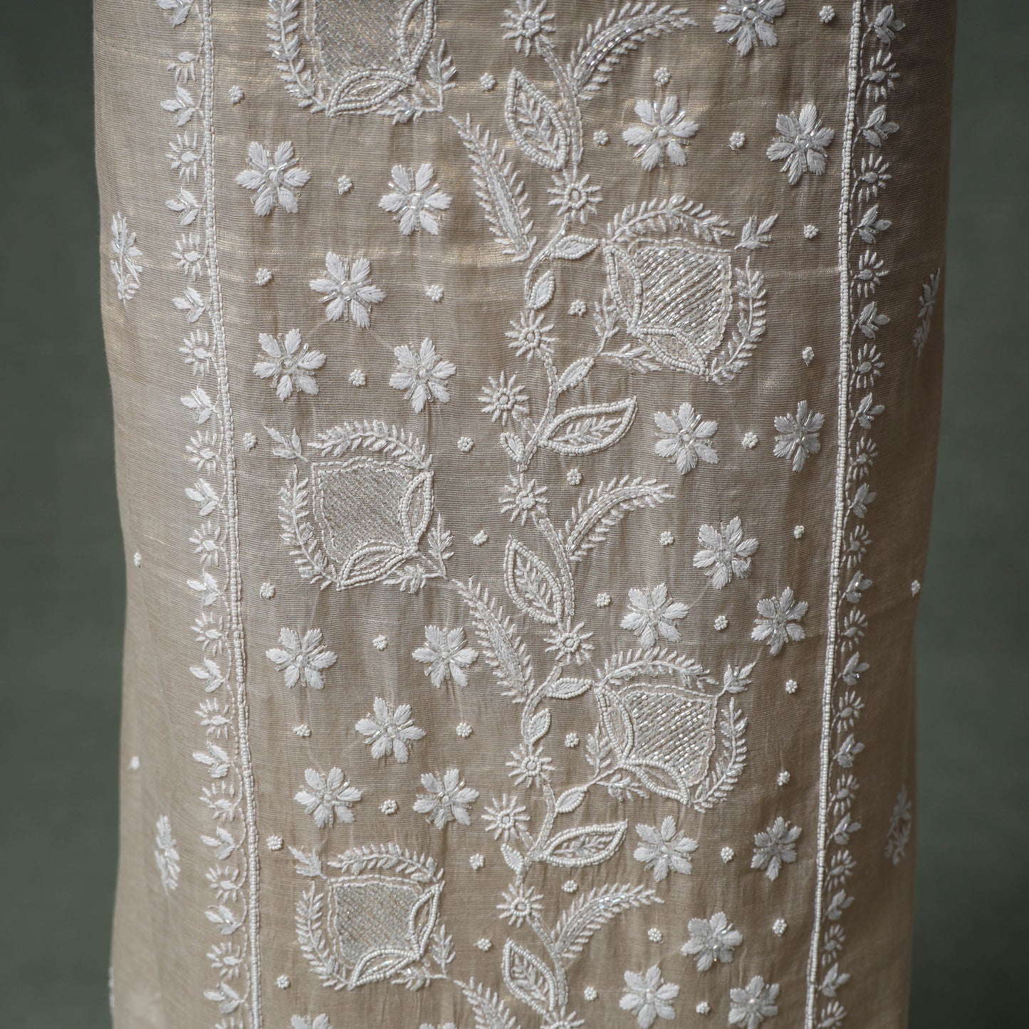 Lucknowi Chikankari Beadwork Tissue Zari Silk Unstitched Dress Material: Kurta with Dupatta 02