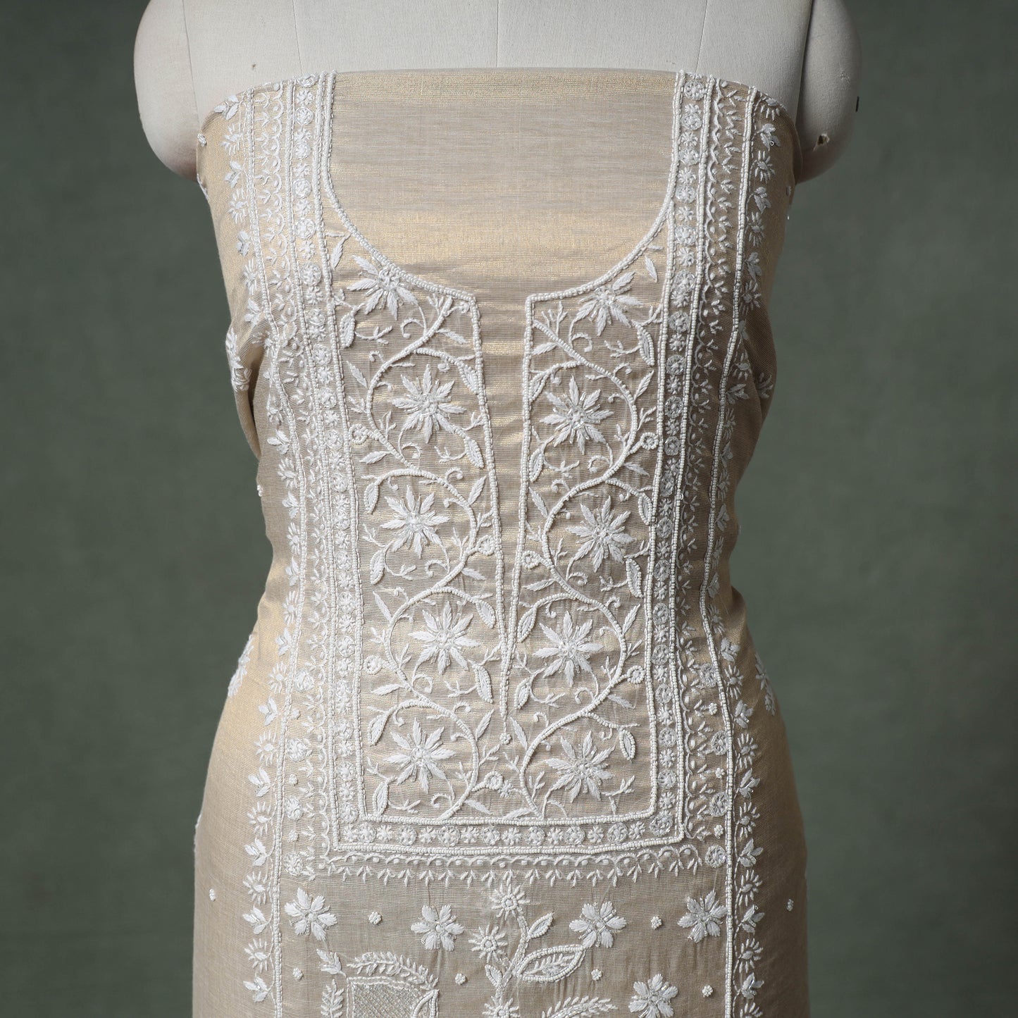 Lucknowi Chikankari Beadwork Tissue Zari Silk Unstitched Dress Material: Kurta with Dupatta 02