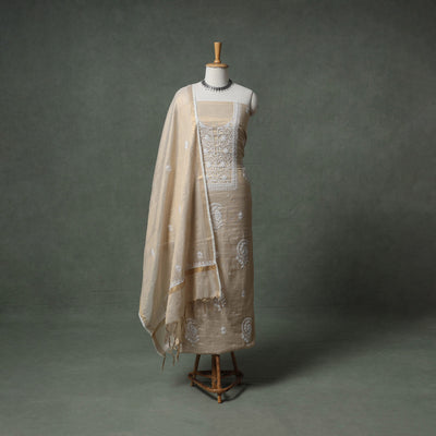 Lucknowi Chikankari Beadwork Tissue Zari Silk Unstitched Dress Material: Kurta with Dupatta 03
