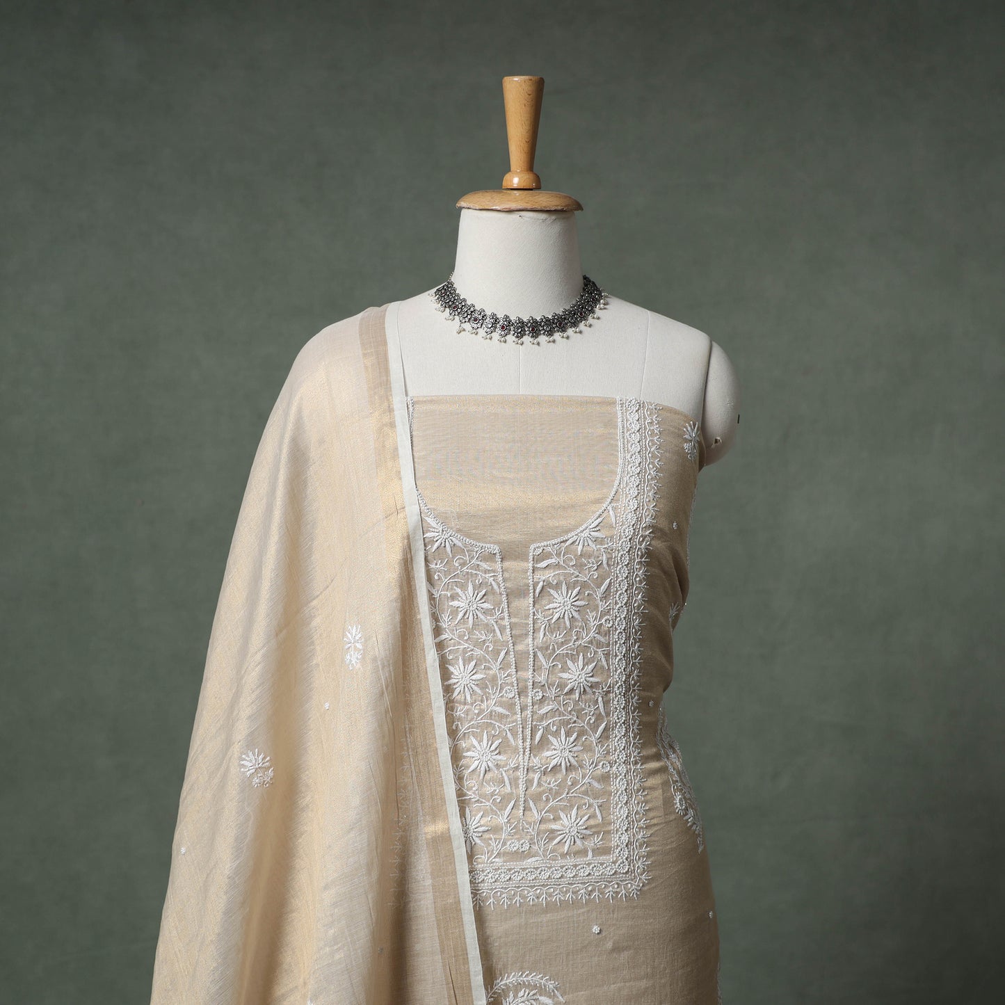 Lucknowi Chikankari Beadwork Tissue Zari Silk Unstitched Dress Material: Kurta with Dupatta 03
