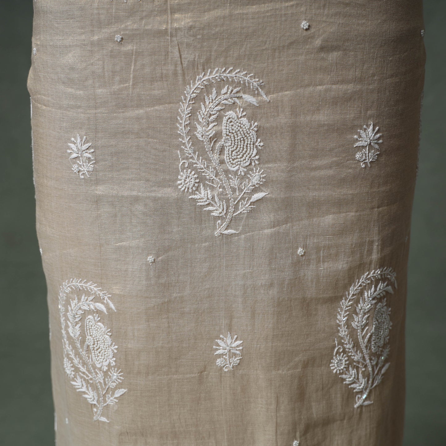 Lucknowi Chikankari Beadwork Tissue Zari Silk Unstitched Dress Material: Kurta with Dupatta 03