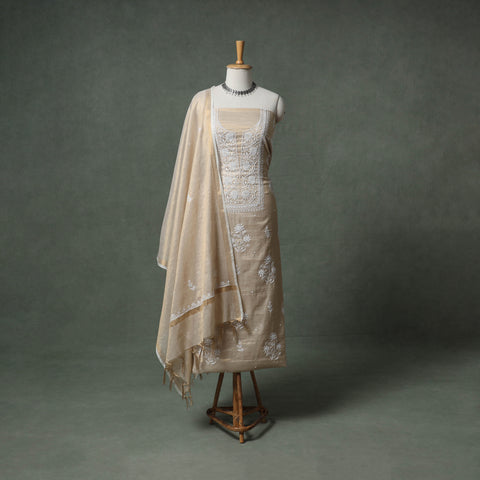 Lucknowi Chikankari Beadwork Tissue Zari Silk Unstitched Dress Material: Kurta with Dupatta 04