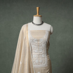 Lucknowi Chikankari Beadwork Tissue Zari Silk Unstitched Dress Material: Kurta with Dupatta 04