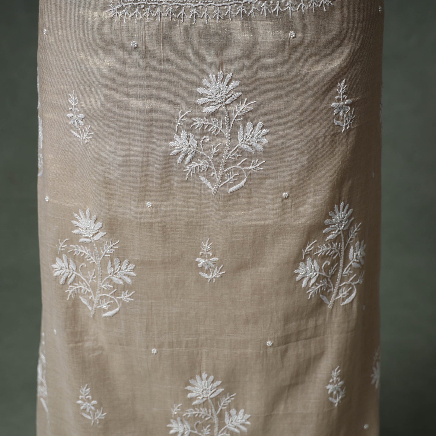 Lucknowi Chikankari Beadwork Tissue Zari Silk Unstitched Dress Material: Kurta with Dupatta 04