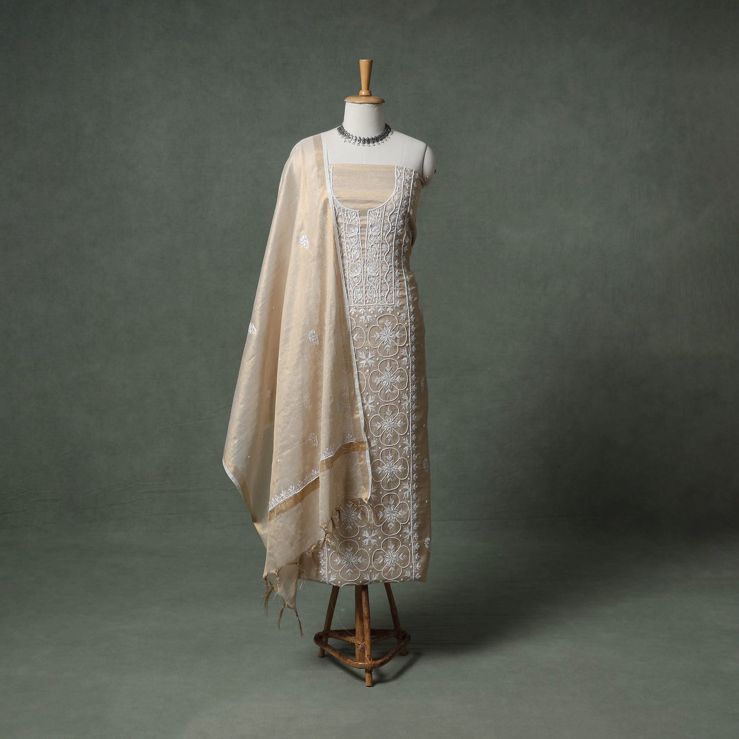 Lucknowi Chikankari Beadwork Tissue Zari Silk Unstitched Dress Material: Kurta with Dupatta 05