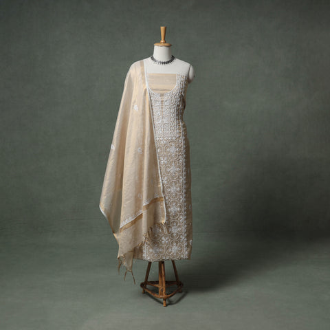 Lucknowi Chikankari Beadwork Tissue Zari Silk Unstitched Dress Material: Kurta with Dupatta 05