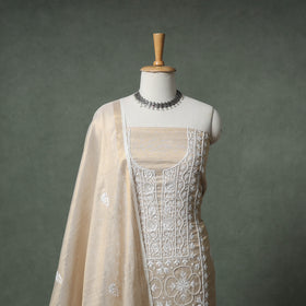 Lucknowi Chikankari Beadwork Tissue Zari Silk Unstitched Dress Material: Kurta with Dupatta 05