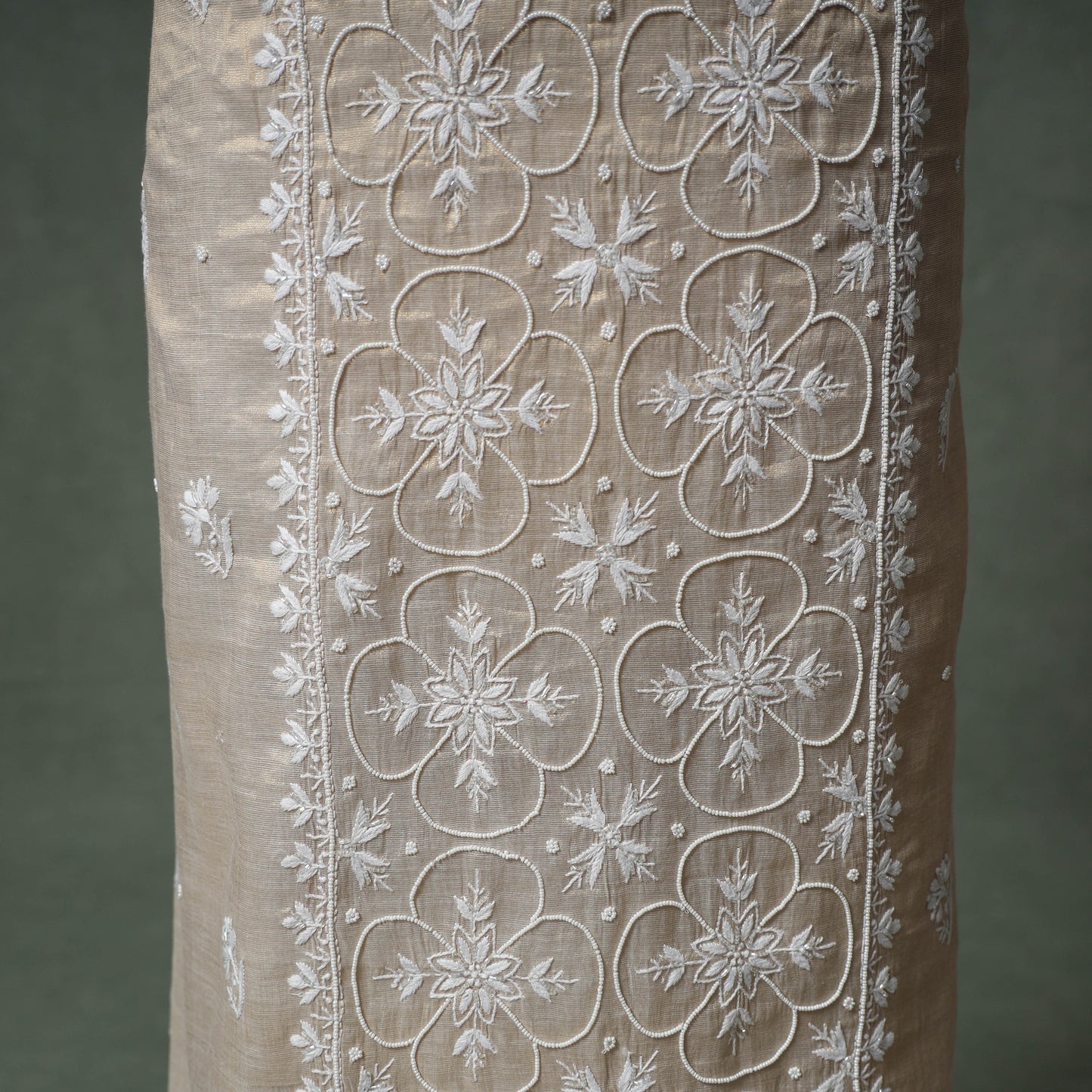 Lucknowi Chikankari Beadwork Tissue Zari Silk Unstitched Dress Material: Kurta with Dupatta 05