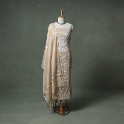 Lucknowi Chikankari Beadwork Tissue Zari Silk Unstitched Dress Material: Kurta with Dupatta 06