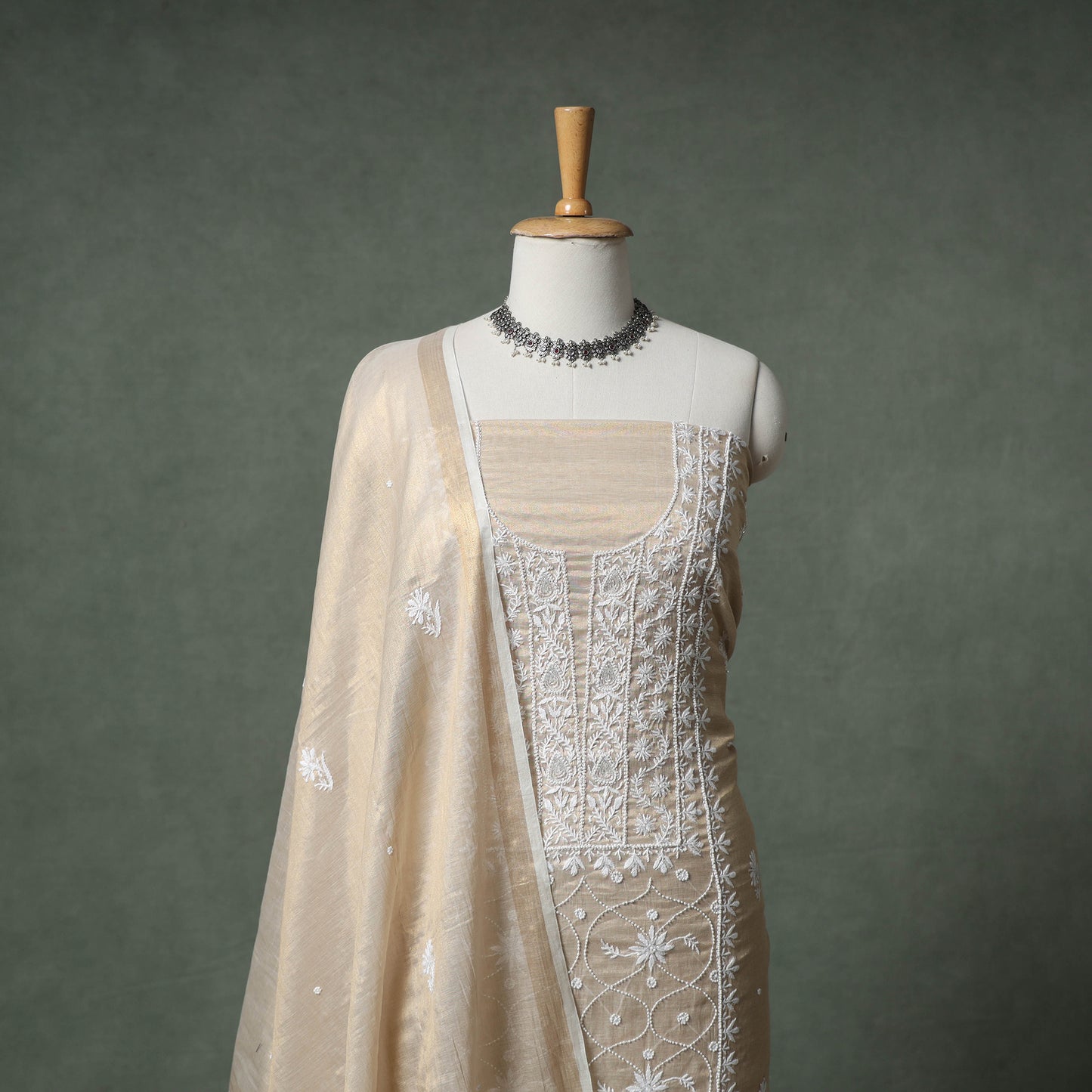 Lucknowi Chikankari Beadwork Tissue Zari Silk Unstitched Dress Material: Kurta with Dupatta 06