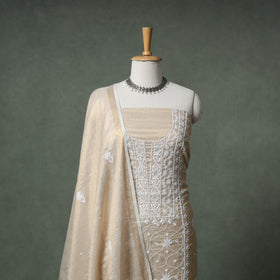 Lucknowi Chikankari Beadwork Tissue Zari Silk Unstitched Dress Material: Kurta with Dupatta 06